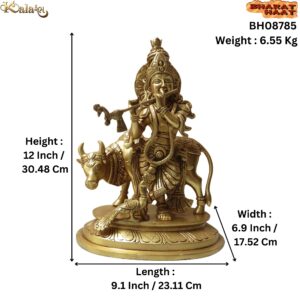 Brass Cow with krishna Standing Statue
