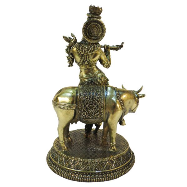 Brass Krishna with Cow 6.5 Inch KBH09300