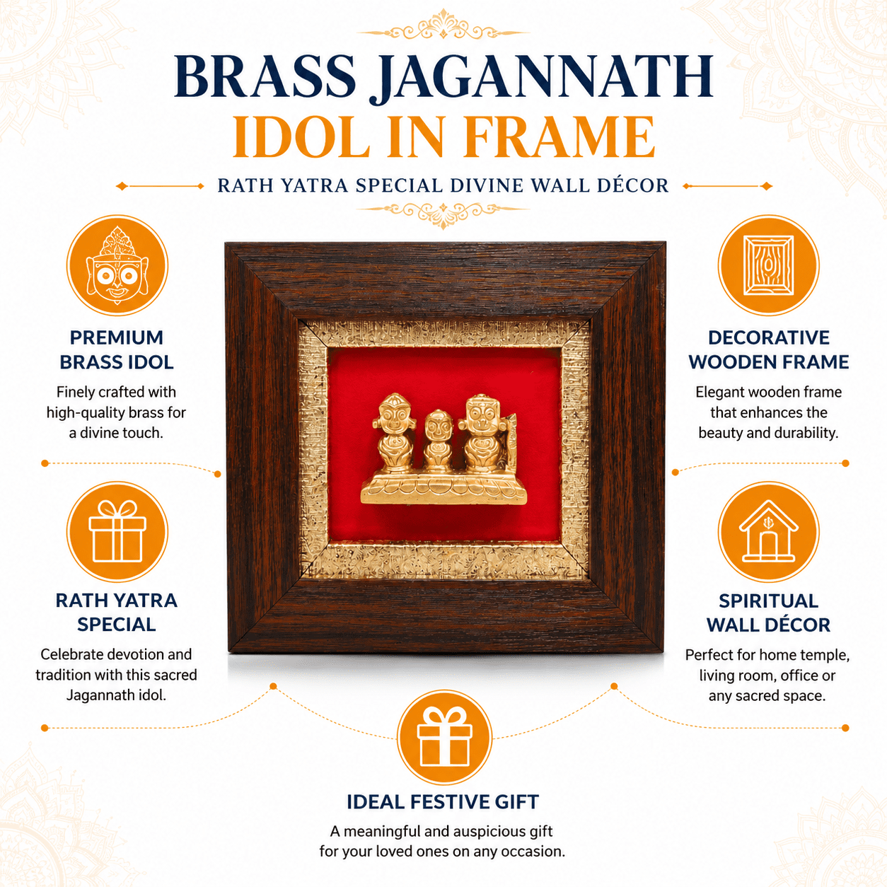 BHF05923_12 Brass Jagannath Idol in decorative frame wall hanging for Rath Yatra home décor