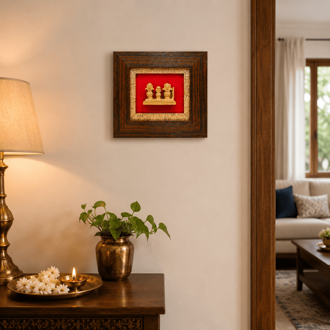 BHF05923_15 Brass Jagannath Idol in decorative frame wall hanging for Rath Yatra home décor