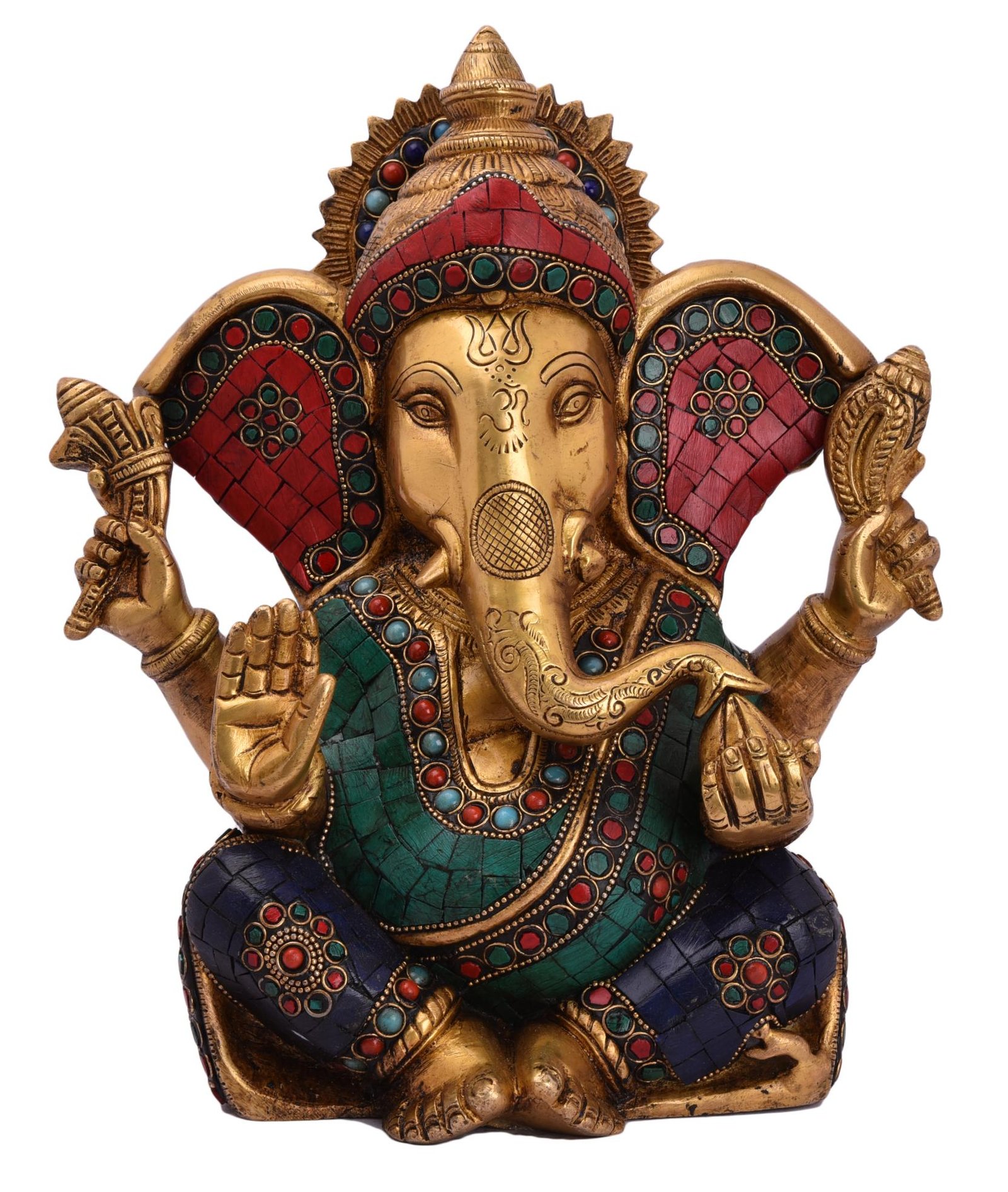 Brass Stone work Sitting GaneshBig ear medium 10.5 Inch BH05059 Brass Stone work Sitting GaneshBig ear medium 10.5 Inch BH05059