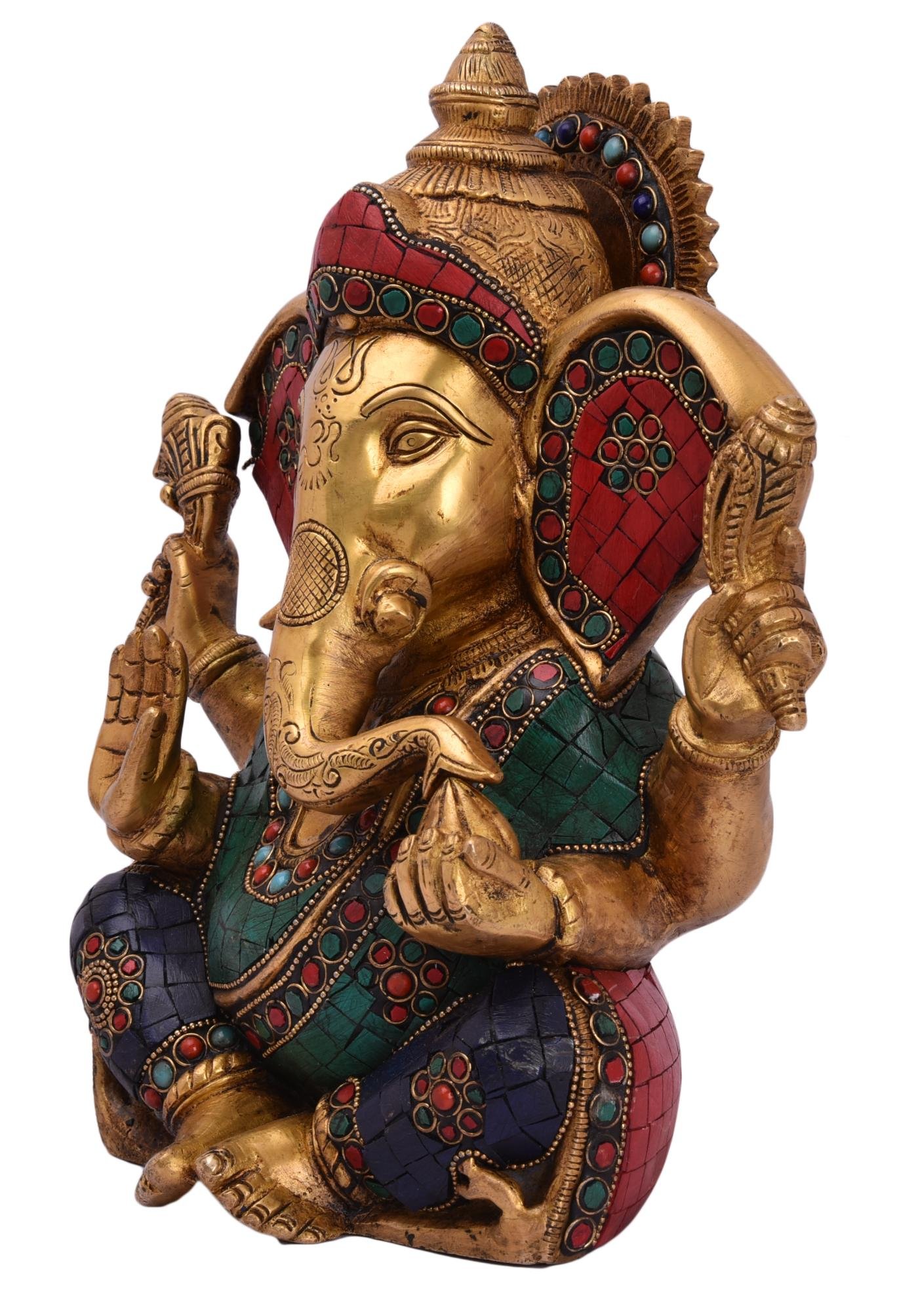Brass Stone work Sitting GaneshBig ear medium 10.5 Inch BH05059 Brass Stone work Sitting GaneshBig ear medium 10.5 Inch BH05059
