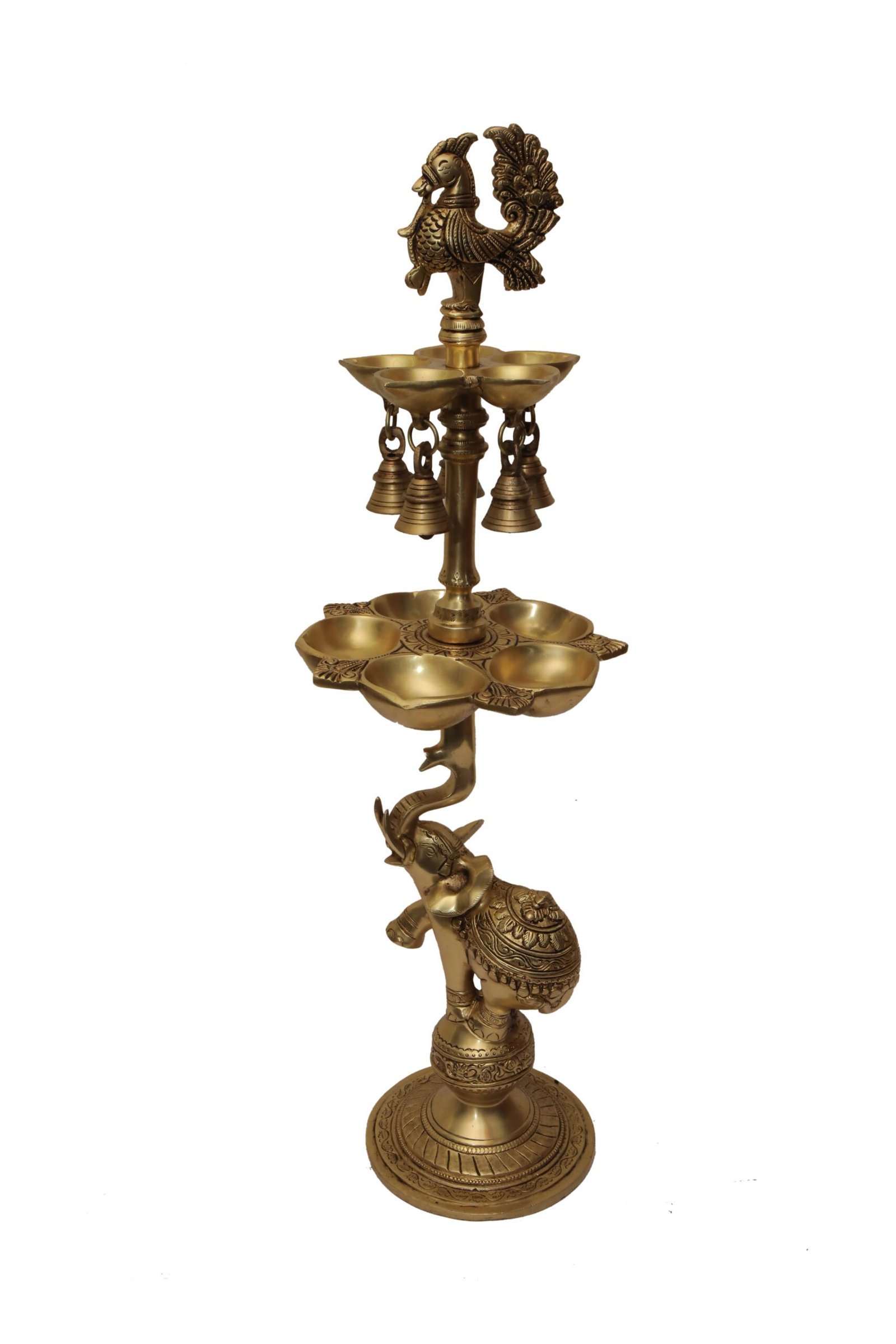 Brass Peacock Elephant Base Diya MultiStep 23.8 Inch BH07212 Brass Peacock Elephant Base Diya MultiStep 23.8 Inch BH07212