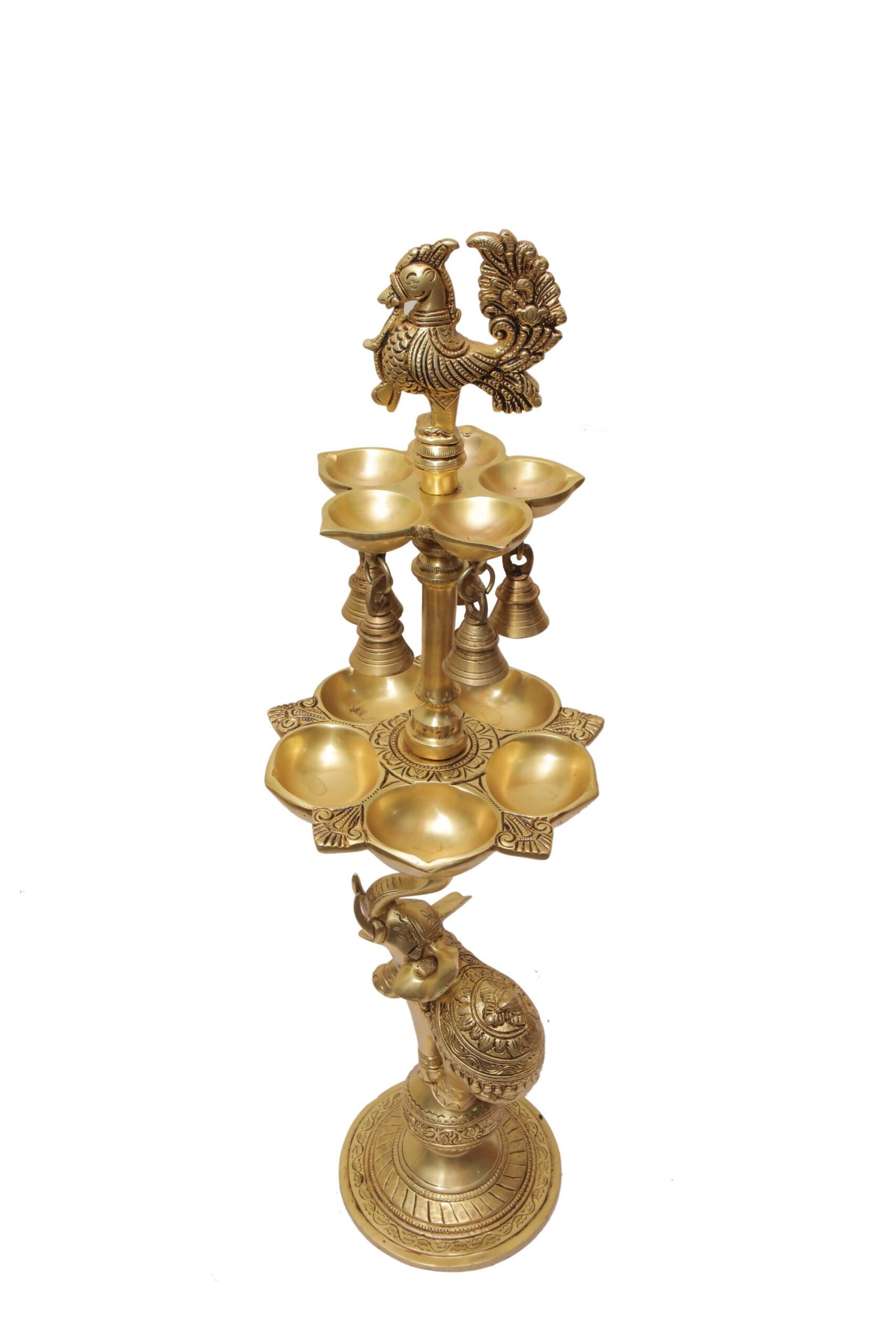 Brass Peacock Elephant Base Diya MultiStep 23.8 Inch BH07212 Brass Peacock Elephant Base Diya MultiStep 23.8 Inch BH07212