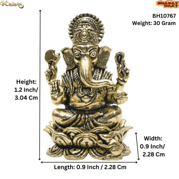 Brass Ganesha Statue Sitting on Lotus Flower Height 1.2″ Inch