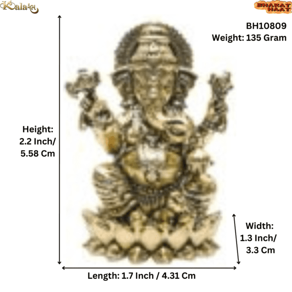 Brass Ganesha Statue Sitting on Lotus Flower Height 2.2″ Inch