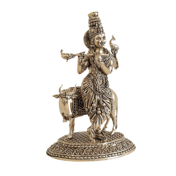 Brass Krishna with Cow 5.5 Inch KBH11214