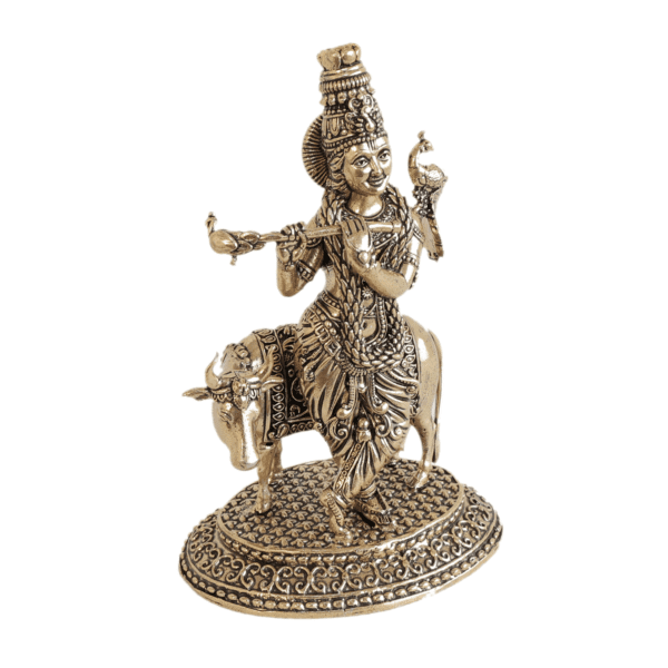 Brass Krishna with Cow 5.5 Inch KBH11214