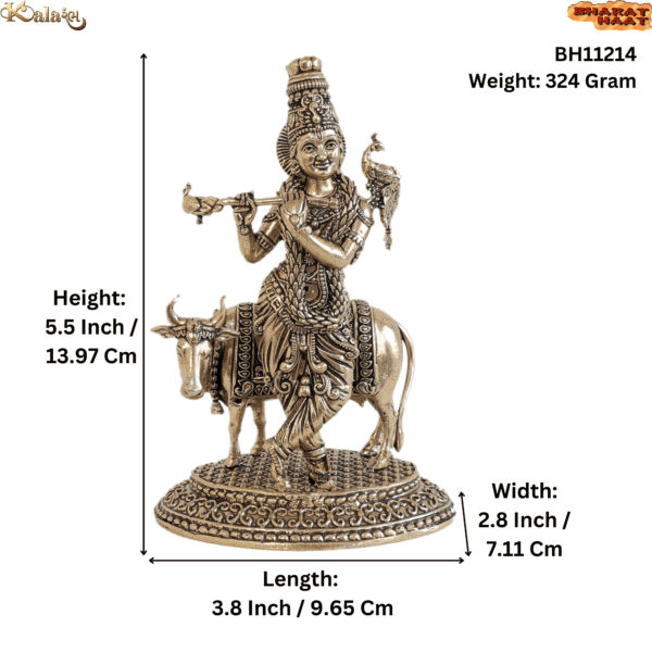 Brass Krishna with Cow 5.5 Inch KBH11214