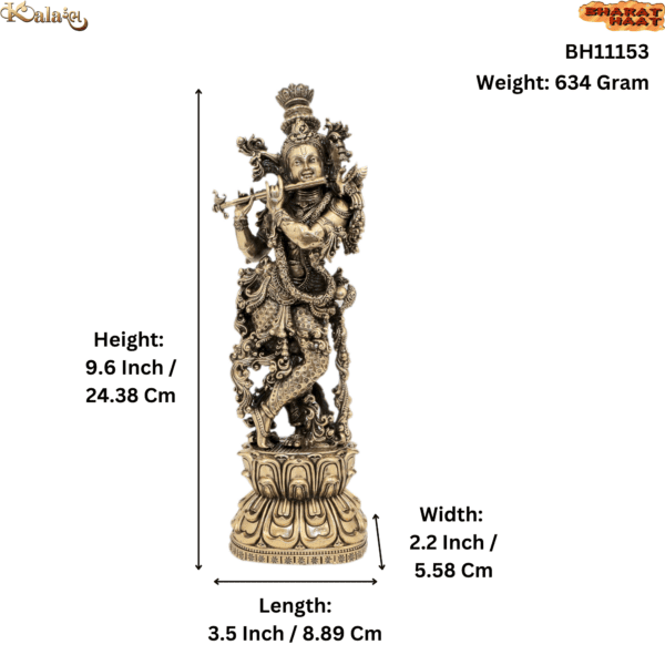 Brass Krishna, Product Dimention is 3.5 x 2.2 x 9.6 Inch or 8.89 x 5.58 x 24.38 Cm, Weight is 634 Gram, 1 Pcs