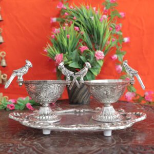 Metal 2 Parrot Bowls & Tray 5 Inch KBH11641