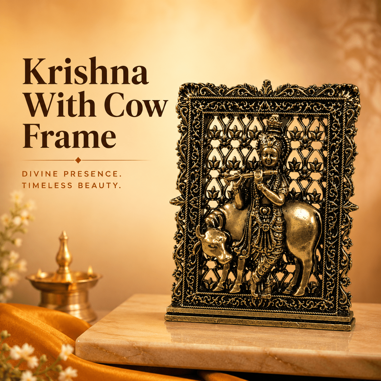 Brass Krishna With Cow Frame 3 Inch KBH12617 Brass Krishna With Cow Frame 3 Inch KBH12617