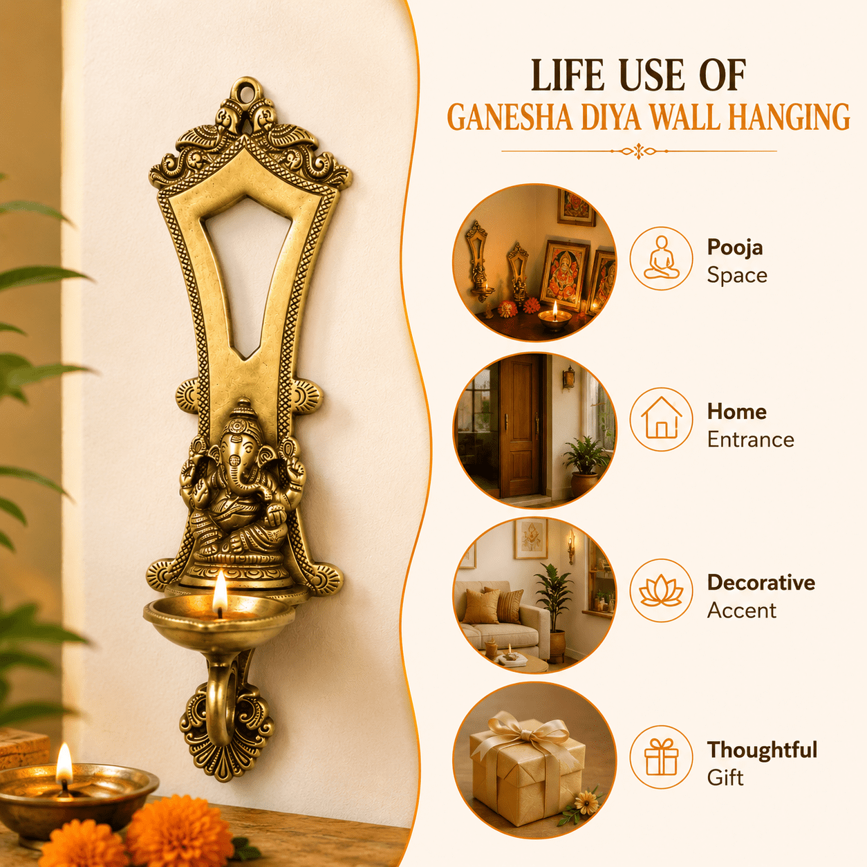 Brass Ganesha Diya Wall HANIGNG 13 Inch kBH09868 Brass Ganesha Diya Wall HANIGNG 13 Inch kBH09868