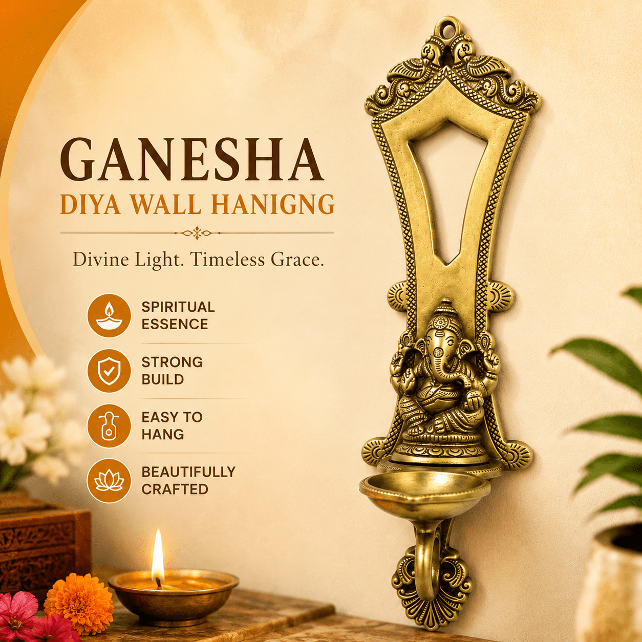 Brass Ganesha Diya Wall HANIGNG 13 Inch kBH09868 Brass Ganesha Diya Wall HANIGNG 13 Inch kBH09868