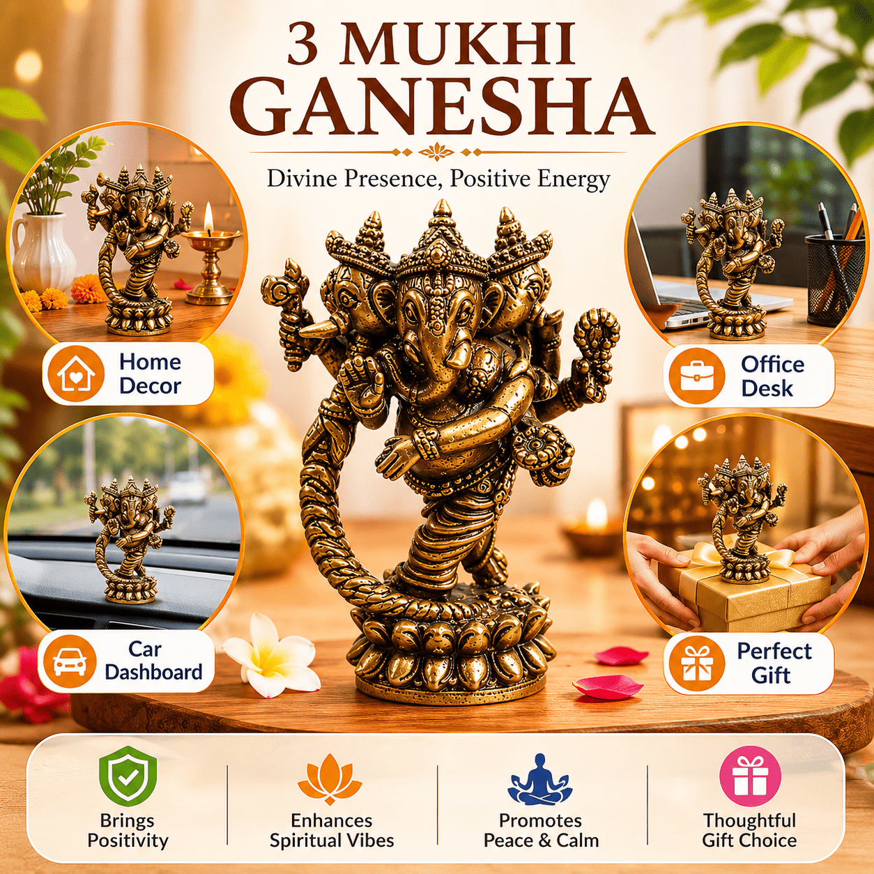 Brass 3 Mukhi Ganesha 1.2 Inch KBH8562_58 Brass 3 Mukhi Ganesha 1.2 Inch KBH8562_58