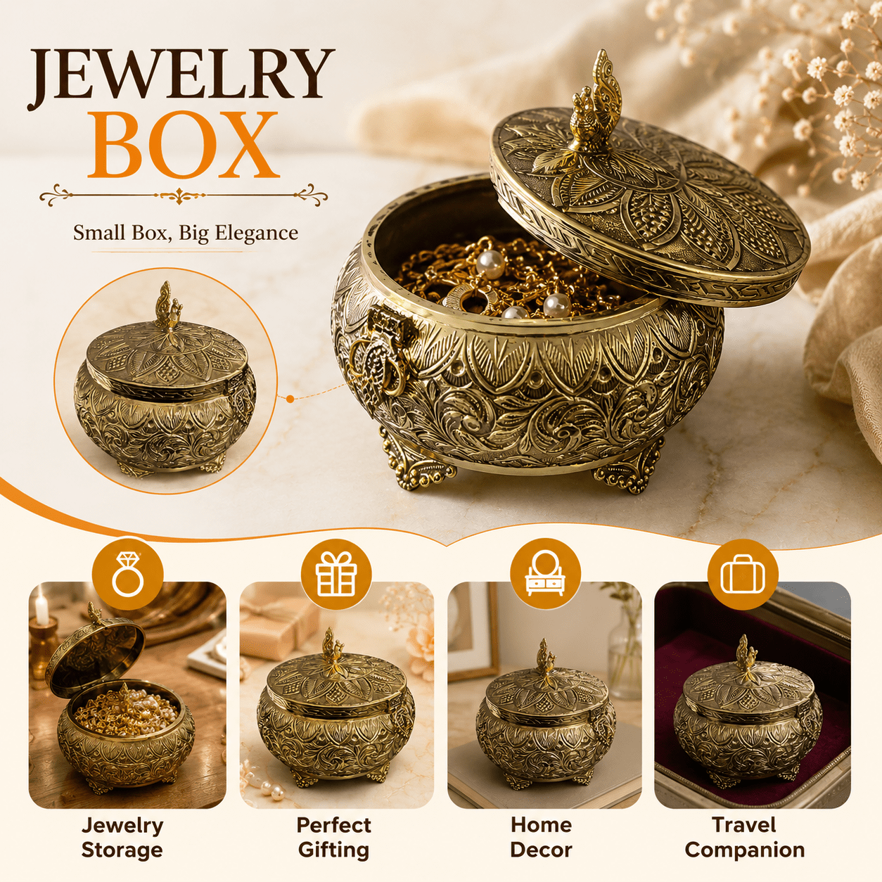 Brass Brass Container / Dabba & Jewelry Box. 9 Inch KBH12646 Brass Brass Container / Dabba & Jewelry Box. 9 Inch KBH12646