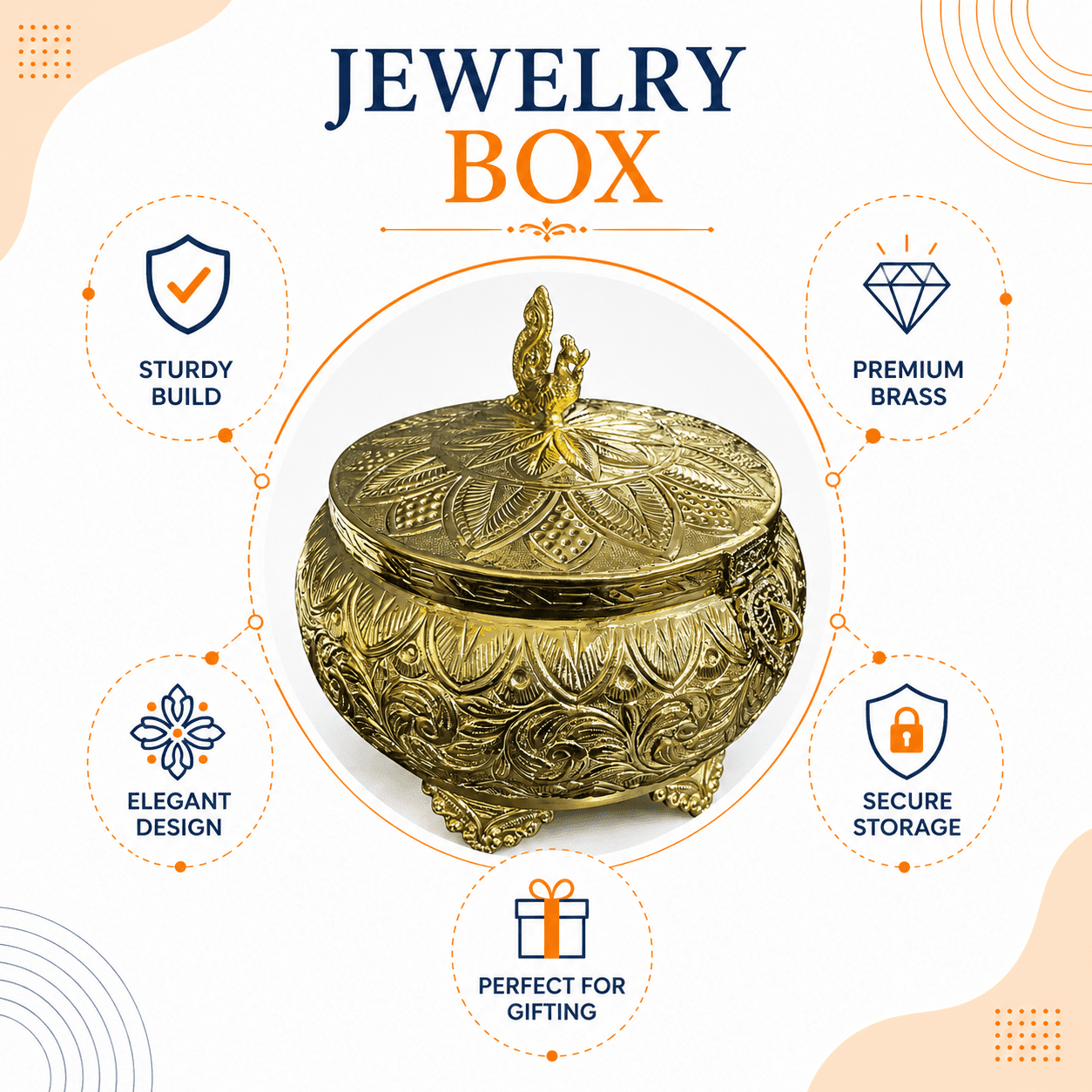 Brass Brass Container / Dabba & Jewelry Box. 9 Inch KBH12646 Brass Brass Container / Dabba & Jewelry Box. 9 Inch KBH12646