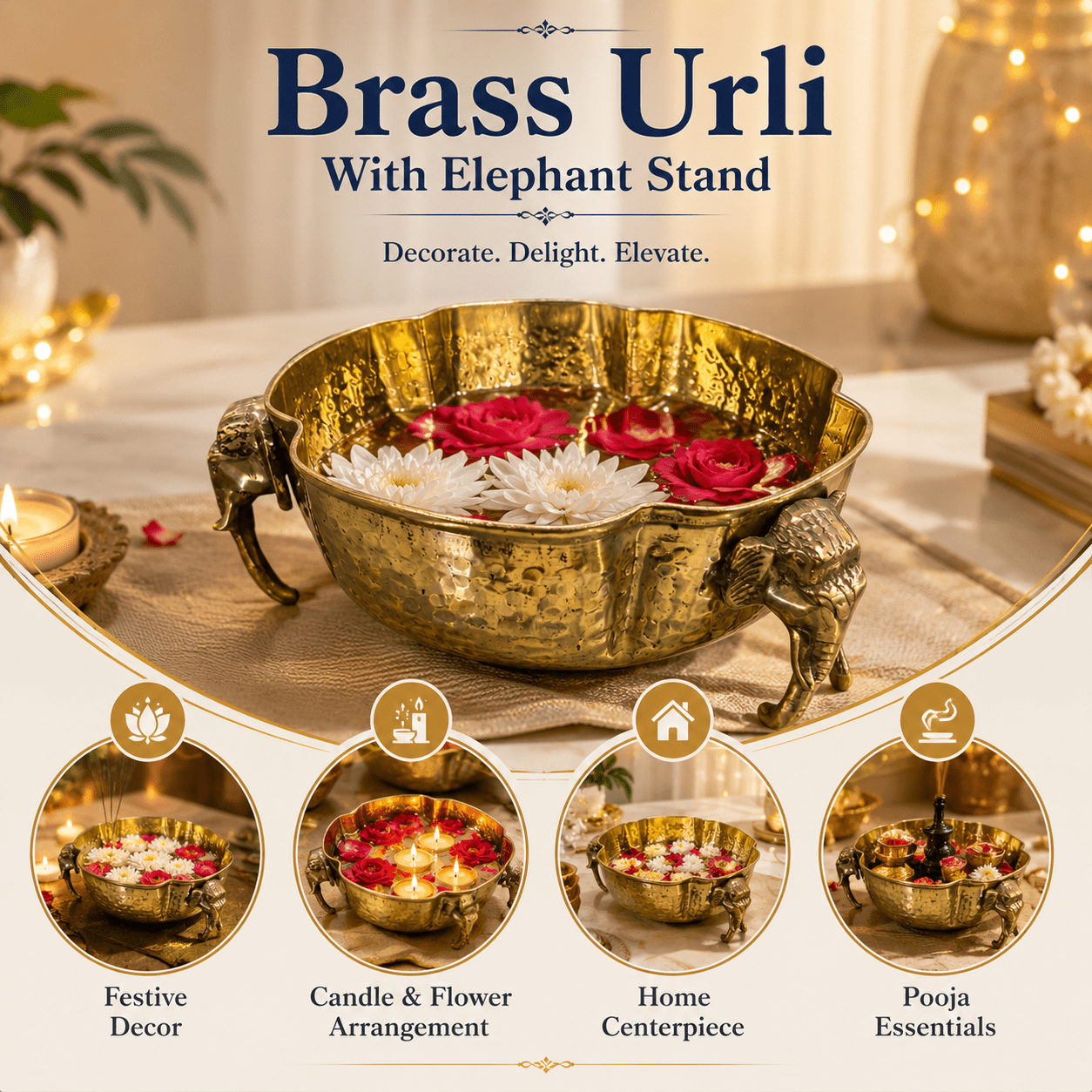 Brass Urli With elephant stand 3.9 Inch KBH12648 Brass Urli With elephant stand 3.9 Inch KBH12648