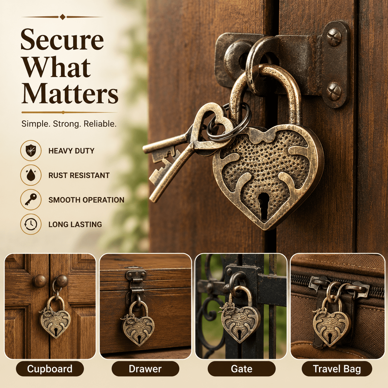 Brass Heart Lock 2 Inch KBH12673 Brass Heart Lock 2 Inch KBH12673