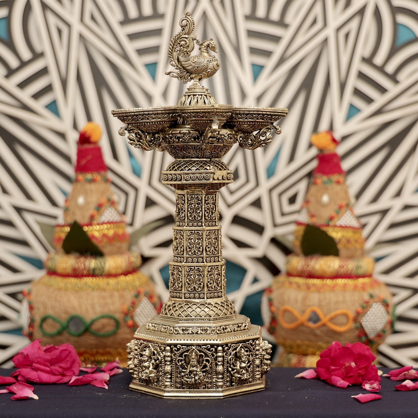 BRASS Ashta Lakshimi With peacock five Diya 10 Inch KBH12574 BRASS Ashta Lakshimi With peacock five Diya 10 Inch KBH12574