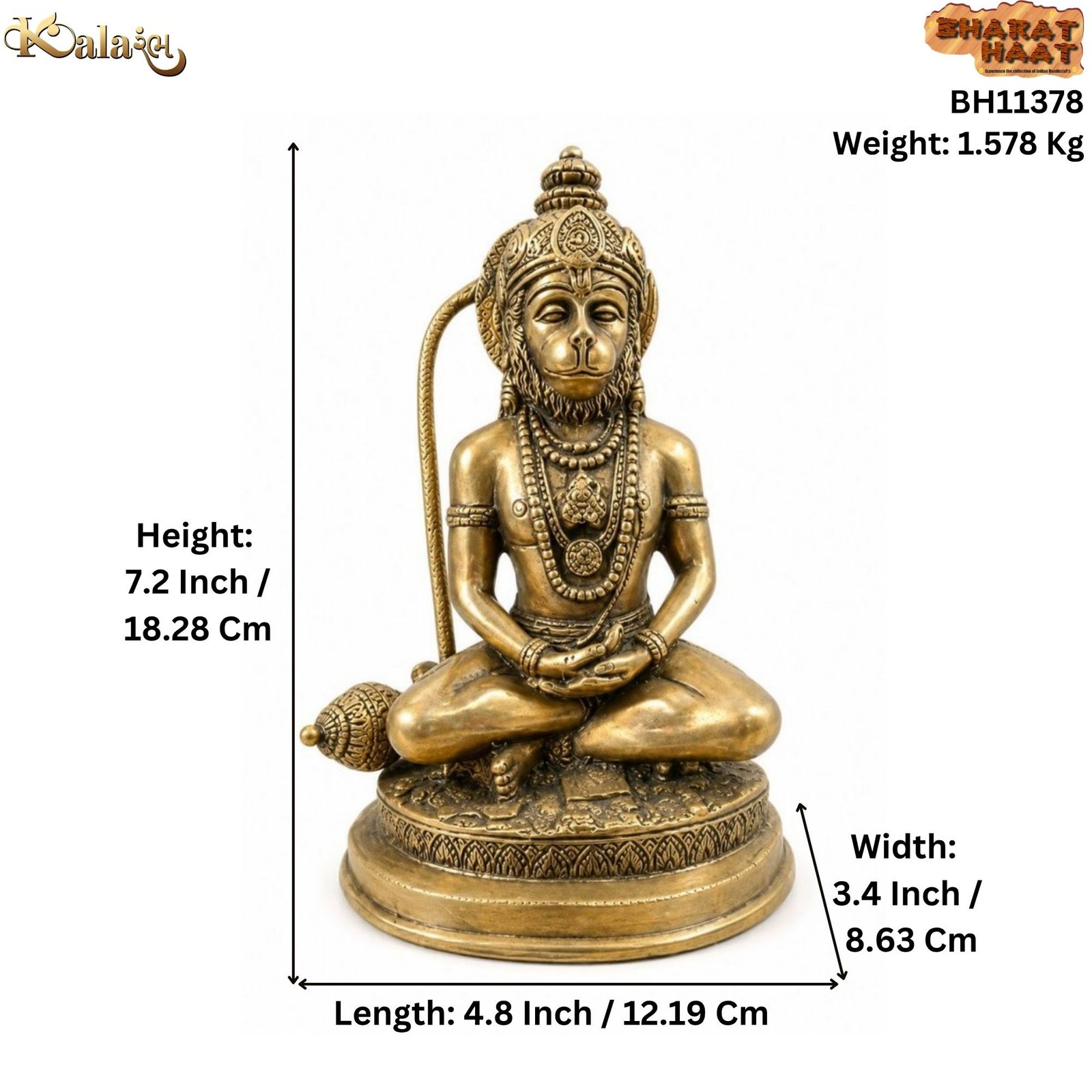 Brass Hanuman 7.2 Inch BH11378 Brass Hanuman 7.2 Inch BH11378