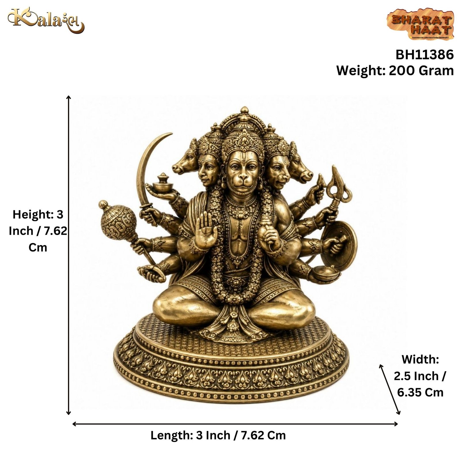Brass Panchmukhi Hanuman 3 Inch BH11386 Brass Panchmukhi Hanuman 3 Inch BH11386