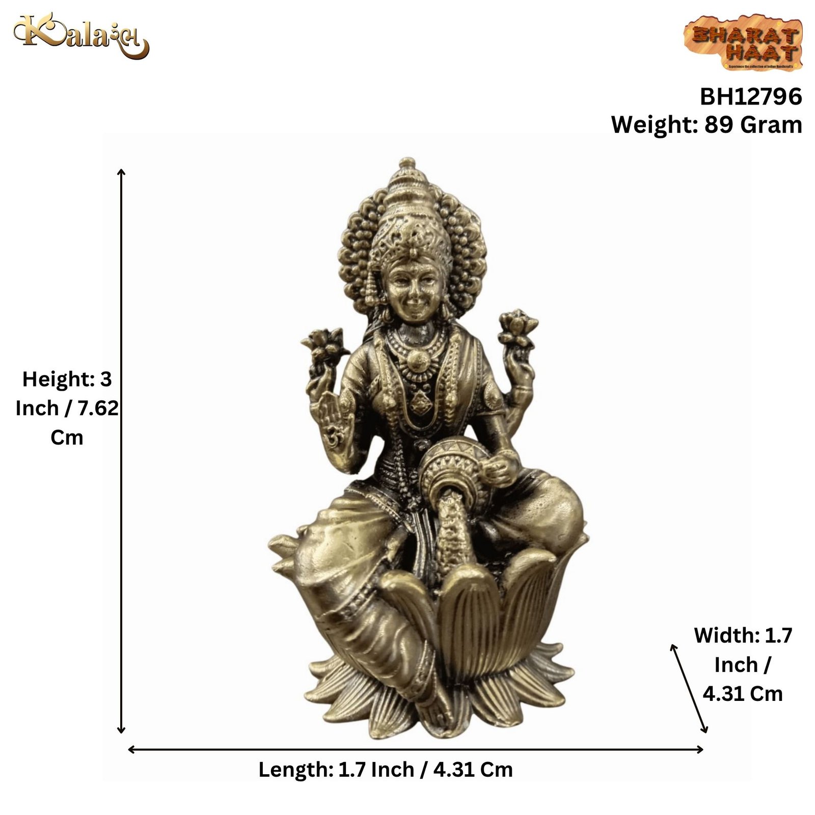 KALARAMBH Brass Lakshmi On Kamal 3 Inch, 1 Pcs KALARAMBH Brass Lakshmi On Kamal 3 Inch, 1 Pcs
